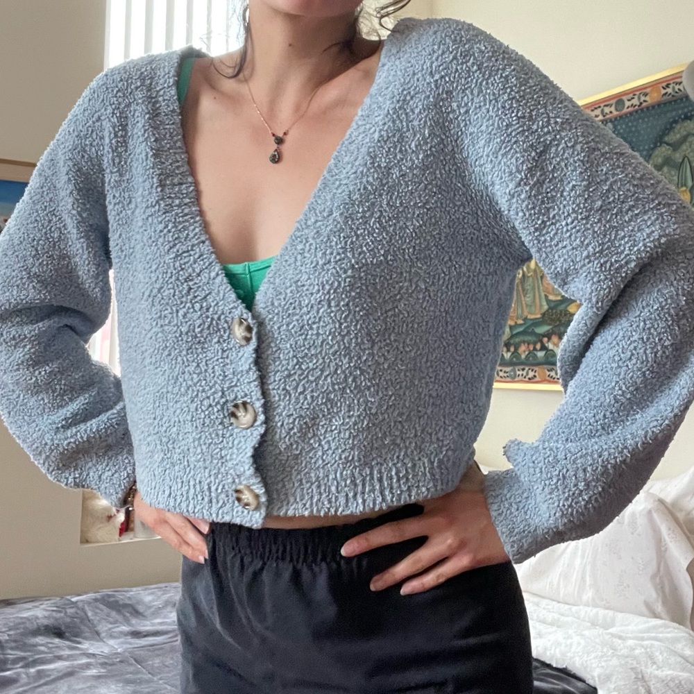 fuzzy light blue cropped cardigan